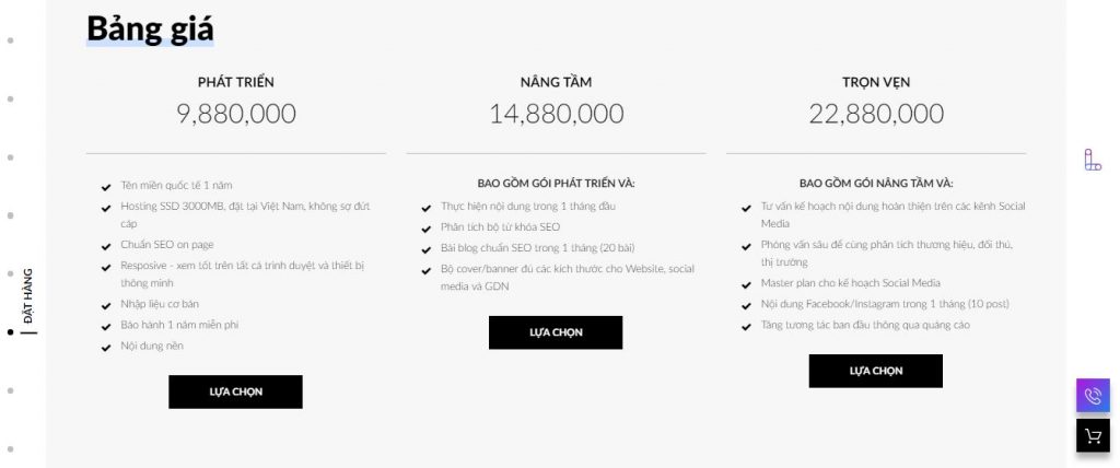 bảng giá công ty thiết kế web