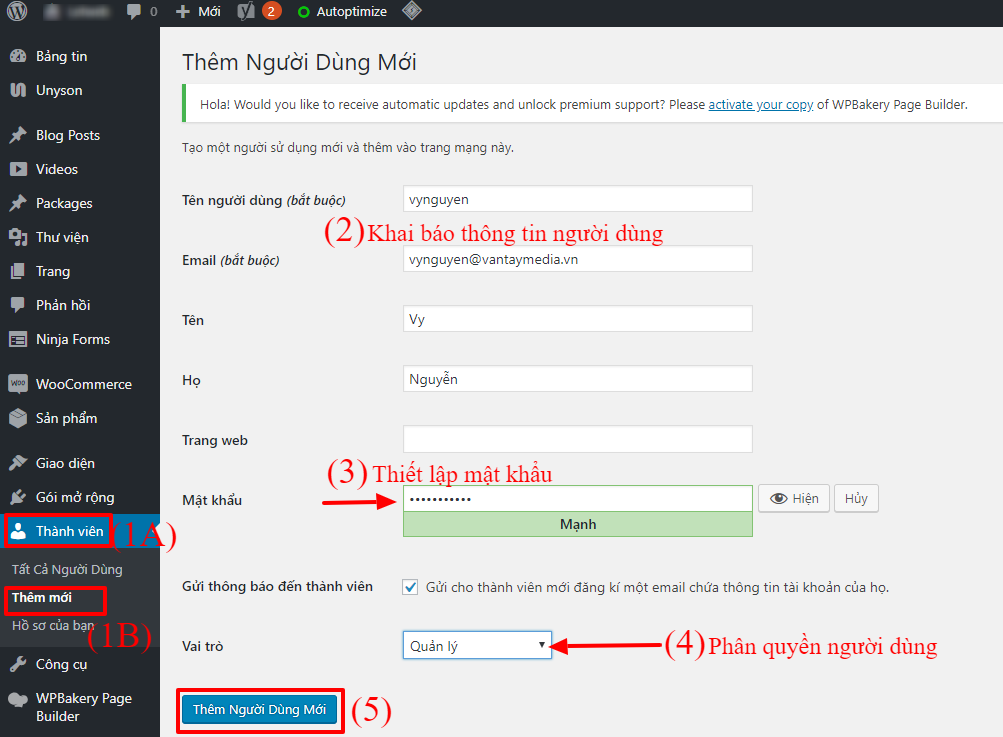 Cách tạo thêm user (người dùng mới) và phân quyền trên website WordPress 3