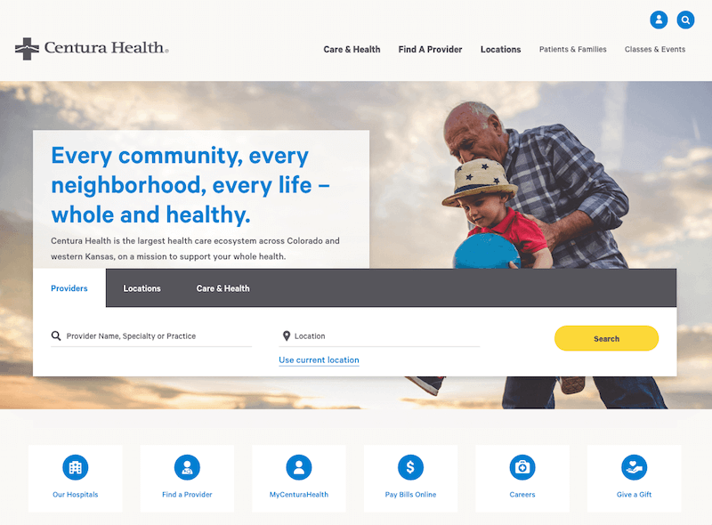 Centura Health, website chăm sóc sức khỏe có hình ảnh cấu trúc rõ ràng