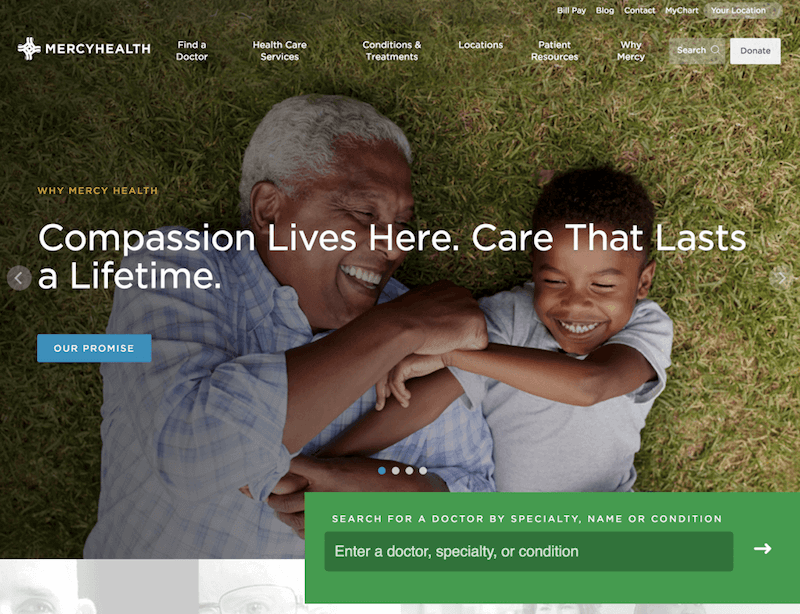 Mercy Health website cung cấp sức khỏe thu hút thông qua các hình ảnh chất lượng cao
