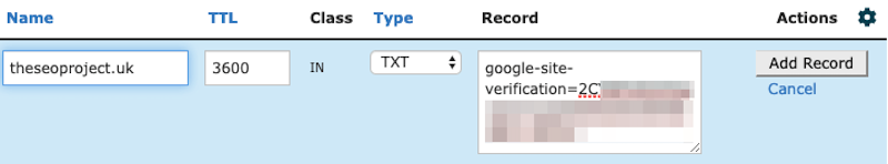 Sao chép và dán bản ghi TXT từ Search Console vào hộp Record Record