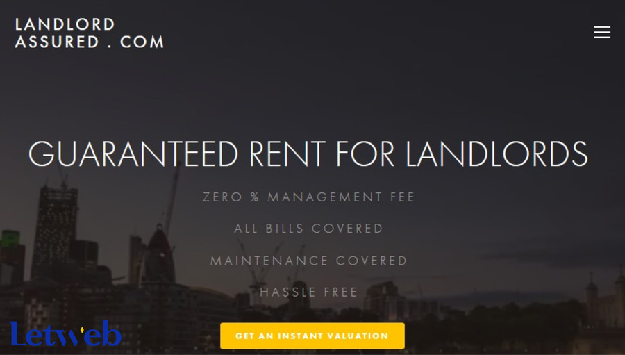 Nền tối trên web Landlork Assured giúp người dùng tập trung hơn vào dòng CTA màu vàng nổi bật